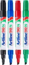 Vier Artline 90N permanente markers met beitelpunt in zwart, blauw, rood en groen, rechtopstaand tegen witte achtergrond.