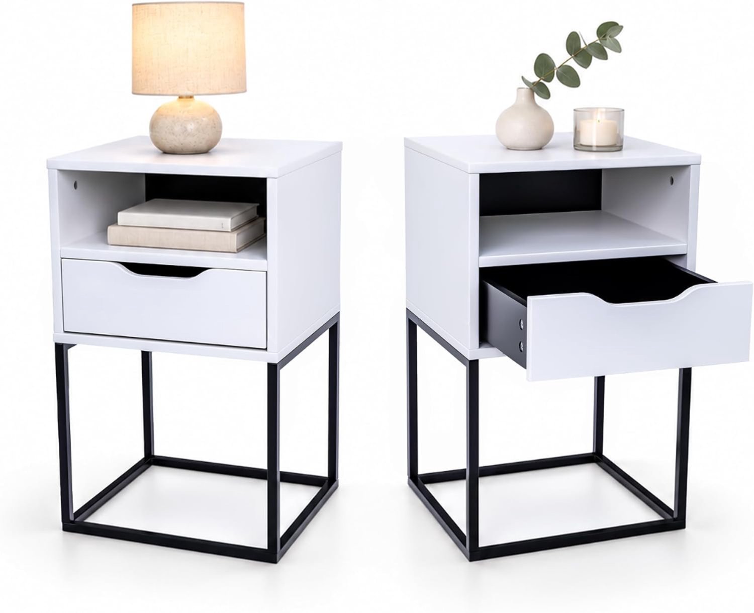 KLS® Nachtkastje - Nachtkastje Hout - Nachtkastje Lamp - Wit - 38cm x 36cm x 63cm