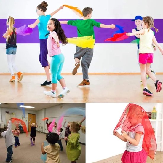 Collage van 4 afbeeldingen: kinderen dansend met sjaals, kinderen in een klaslokaal met sjaals en een meisje met rode sjaal.