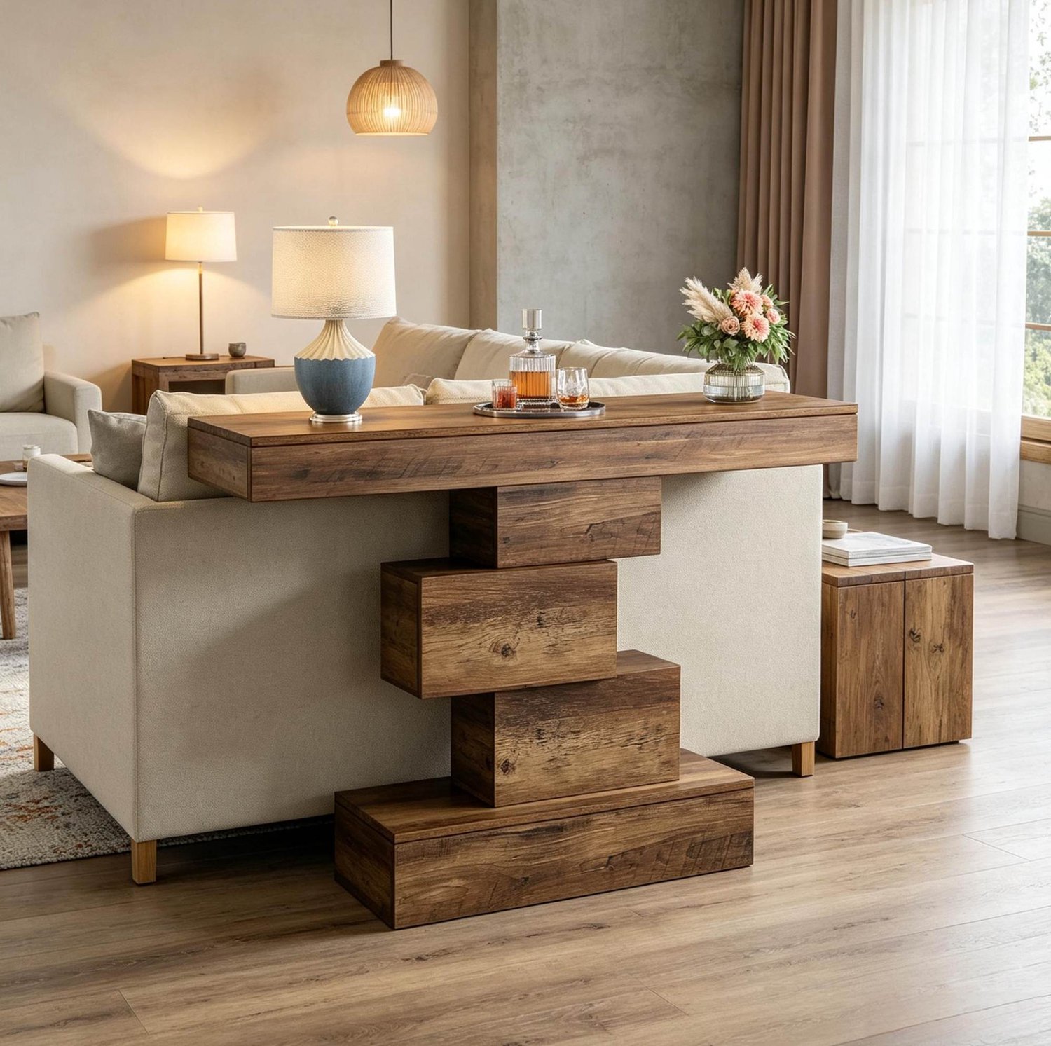 CHICFURN Sidetable - Voor decoratie - Geometrisch onderstel - Lichtbruin