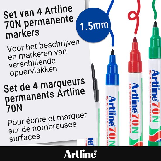 Set van 4 Artline 70N markers met 1,5mm punt voor diverse oppervlakken.