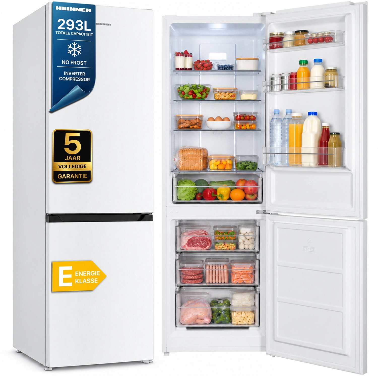 Heinner HCNF-HM293INVE++ Koel-vriescombinatie 293 L – No Frost – Inverter Compressor – Elektronische Bediening met Instelbare Thermostaat – Omkeerbare Deur – Wit – 5 Jaar Garantie