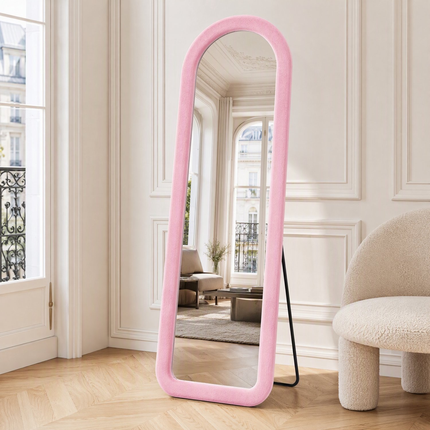 Grote Passpiegel 160 x 50 cm, Boogspiegel van fluwelen, Full-length spiegel staand & wand, Geschikt voor de slaapkamer, kleedkamer, woonkamer en hal, Roze