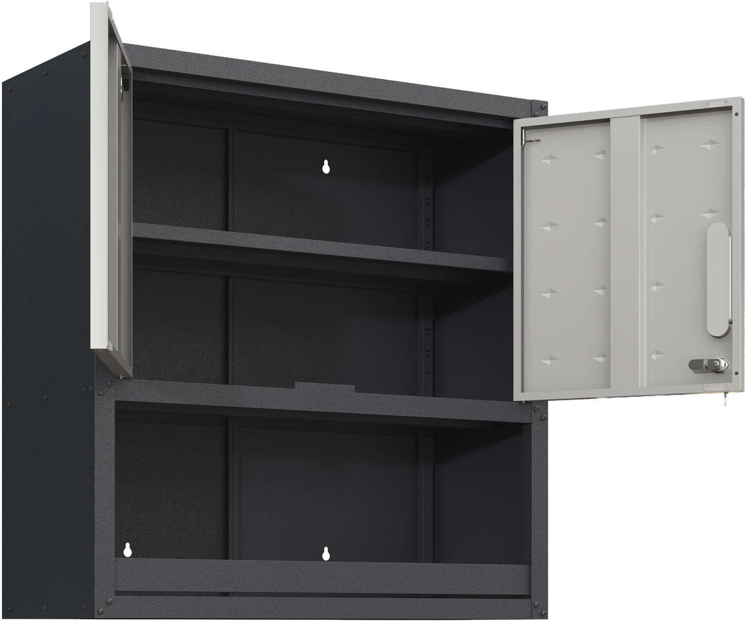 Gereedschapskast Voor Wandmontage - Afsluitbaar Met Twee Deuren - Met Legplank En Open Lade - Metaal - 75 × 30 × 77 cm - Zwart En Grijs