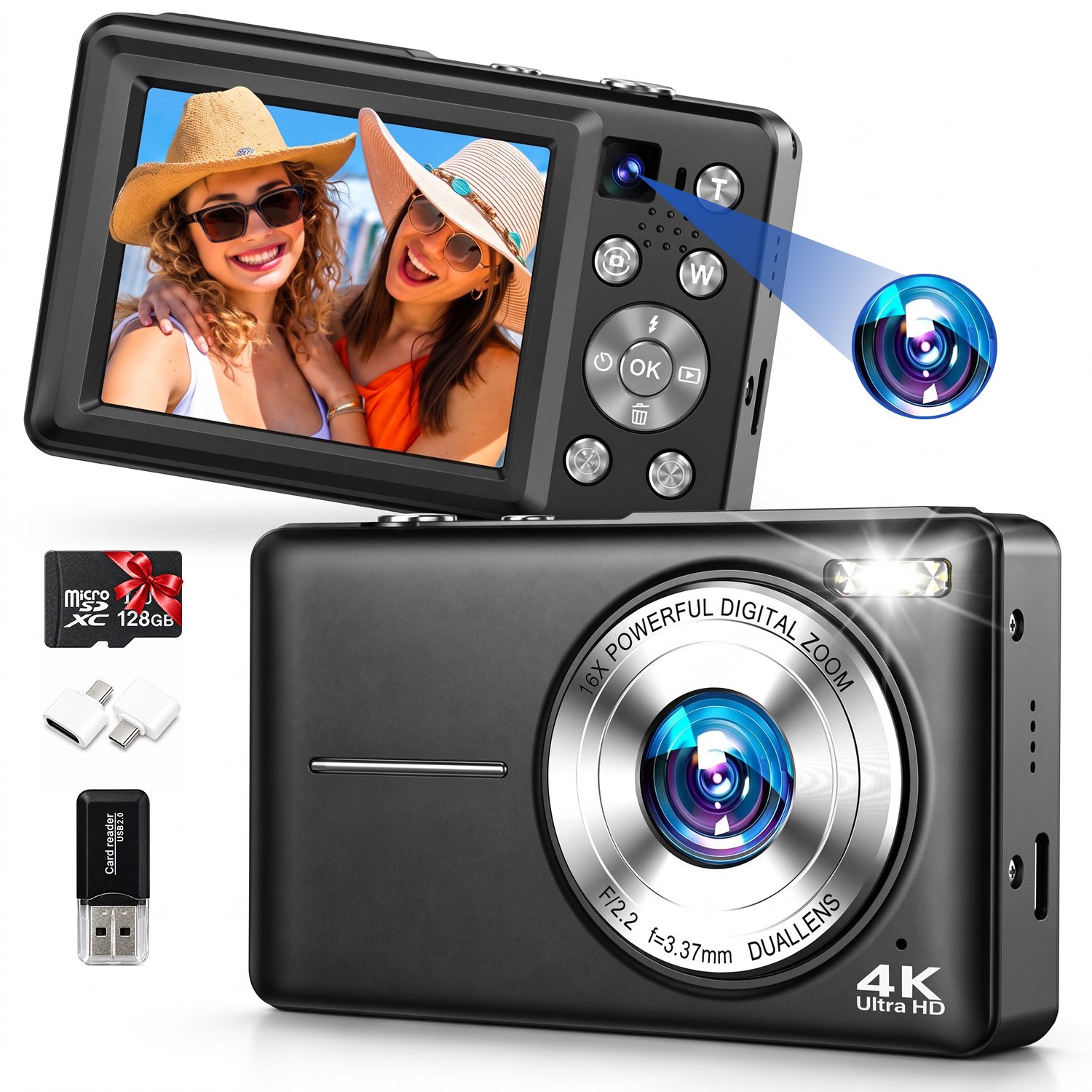 Digisand Digitale Camera - 4K Ultra HD & 64MP - Fotocamera - Mini Camera - Fototoestel - Vlog Camera voor Kinderen - Compact Camera - Foto & Video - Dual Lens - 16x Zoom - Incl. 128GB SD