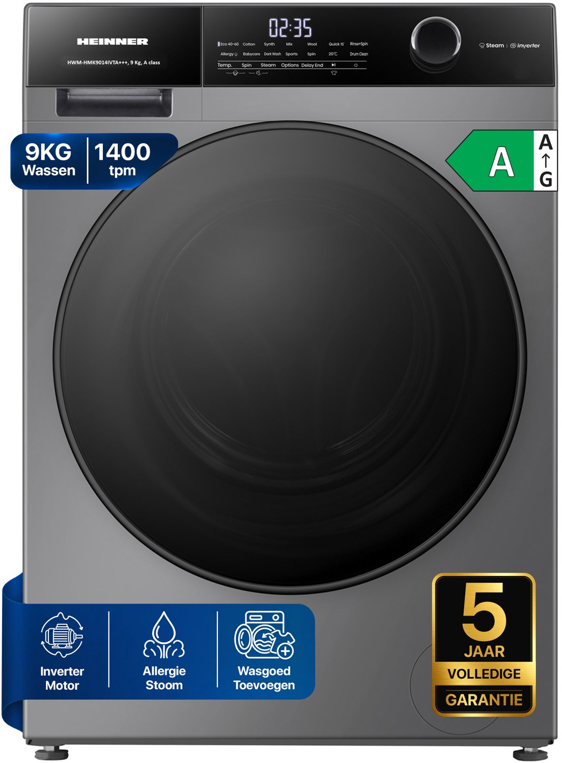Heinner HWM-HMK9014IVTA+++ Wasmachine 9 kg – 1400 tpm – Inverter – Touchbediening – Allergievriendelijk – Energieklasse A – Titaniumgrijs– 5 jaar garantie