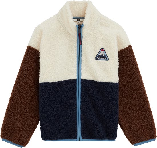Teddy vest met ritssluiting, kleurvlakken in wit, marineblauw en bruin, en een 'humankind' patch.
