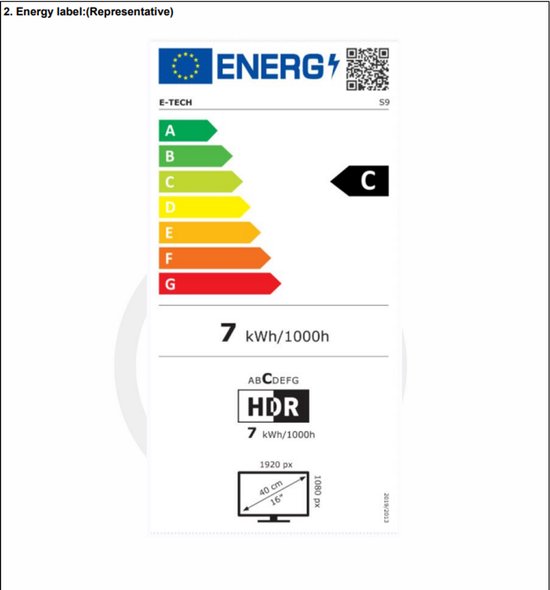 EU-energielabel voor E-TECH S9, energieklasse C, verbruik 7 kWh/1000u, met HDR- en 16-inch schermspecificaties.