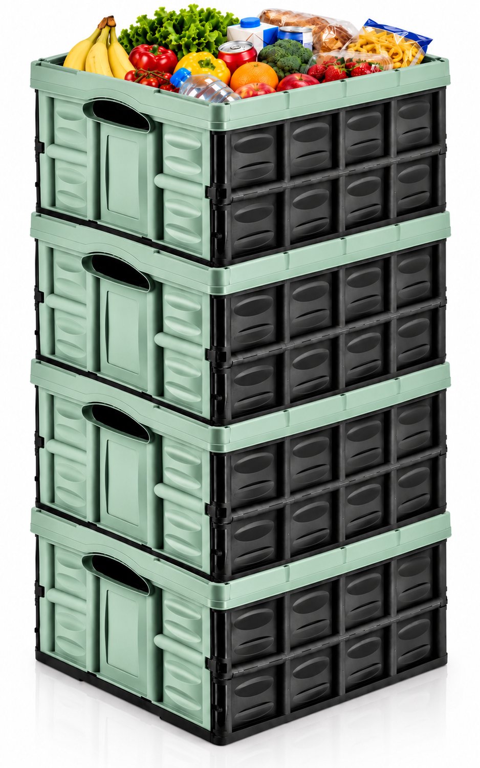 Vouwkrat 45 Liter – Set van 4 – Klapkrat – Opvouwbare Krat – Inklapbare Boodschappenkrat – Stapelbaar – 52,2 x 38,8 x 25,7 cm – Groen/Zwart