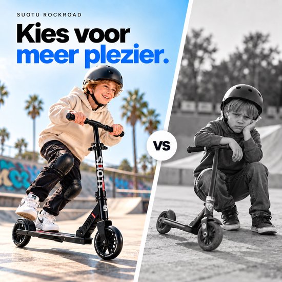 Vergelijking: vrolijk kind op Suotu step versus verdrietig kind op een andere step. Tekst: Kies voor meer plezier.