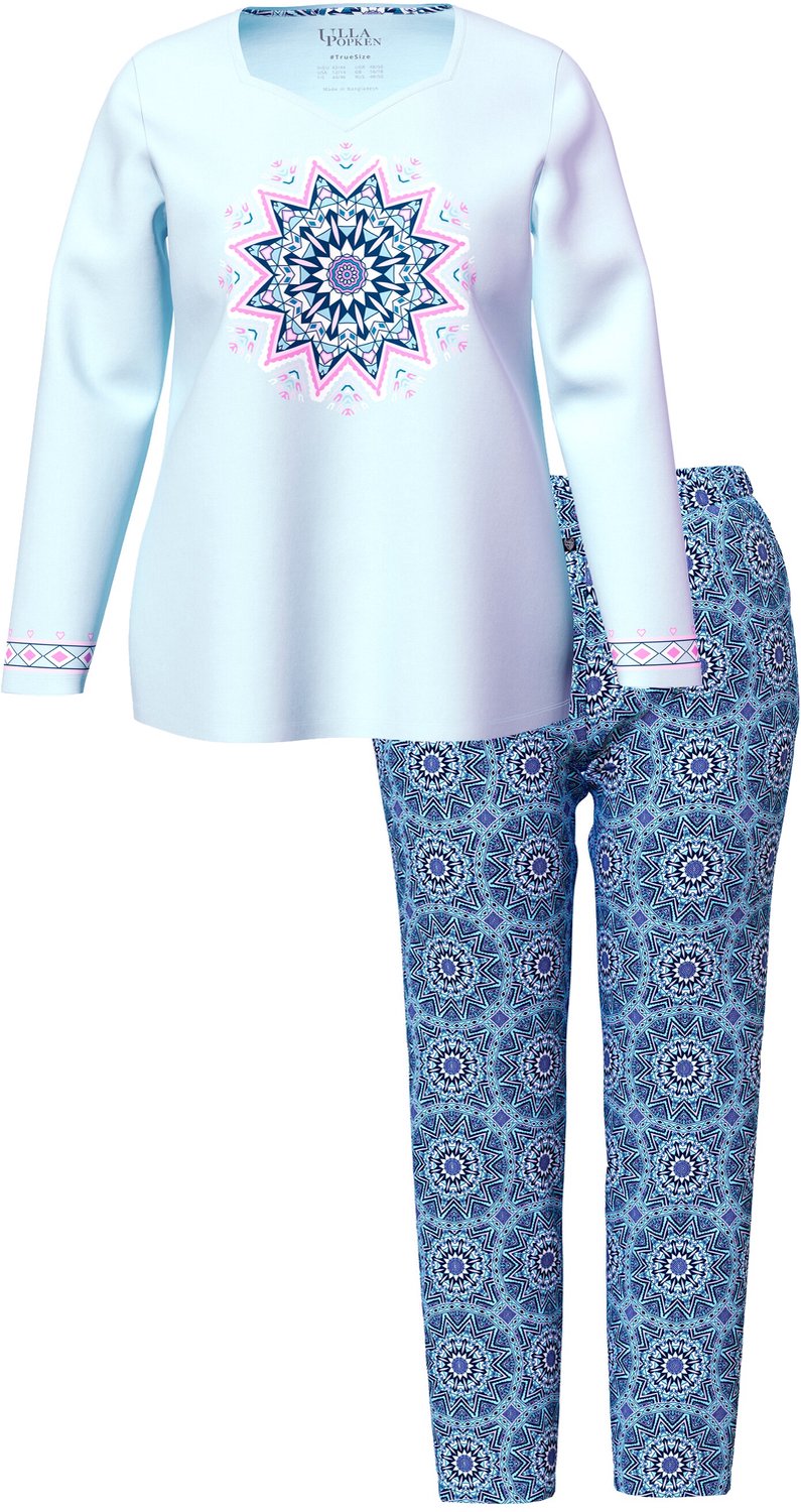 Ulla Popken - Dames - Pyjama sneeuwvlokkenmandala hartvormige hals lange mouwen - Ijszeeblauw - Maat 62+