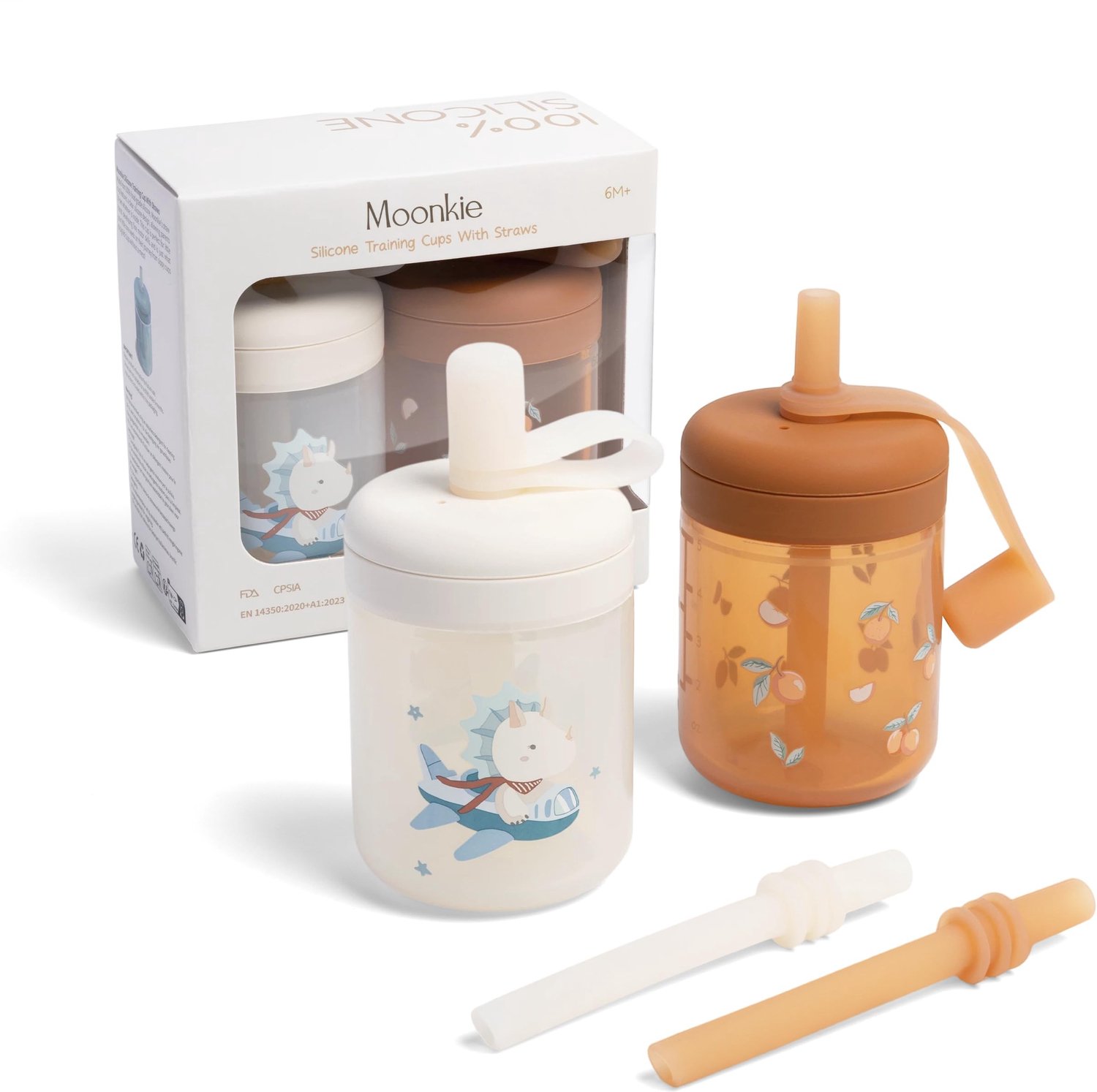 Set van 2 Siliconen Drinkbekers met Rietjes voor Baby's vanaf 6 Maanden (Dino/Terracotta Perzik)