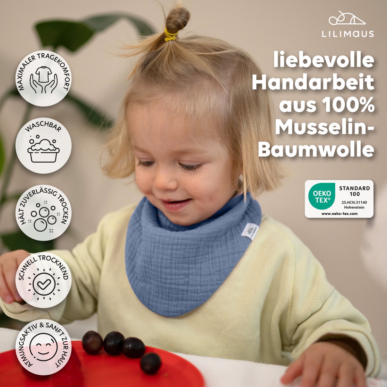 LILIMAUS Bandana slabbetjes baby - set van 3 - mousseline katoen - beige, blauw en groen