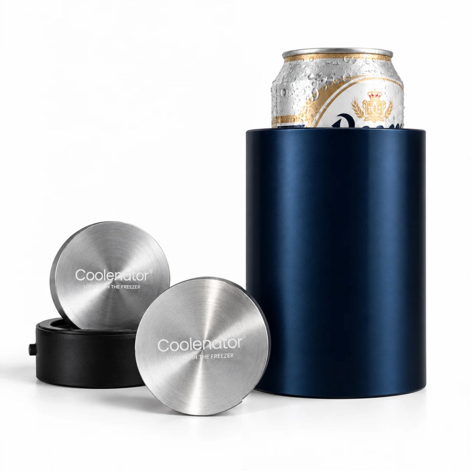 Coolenator Bier Cadeauset – Bierkoeler voor Blikjes + Extra Vriesbullet – Zonder ijs – Cadeau voor Bierliefhebber – Metallic Blauw