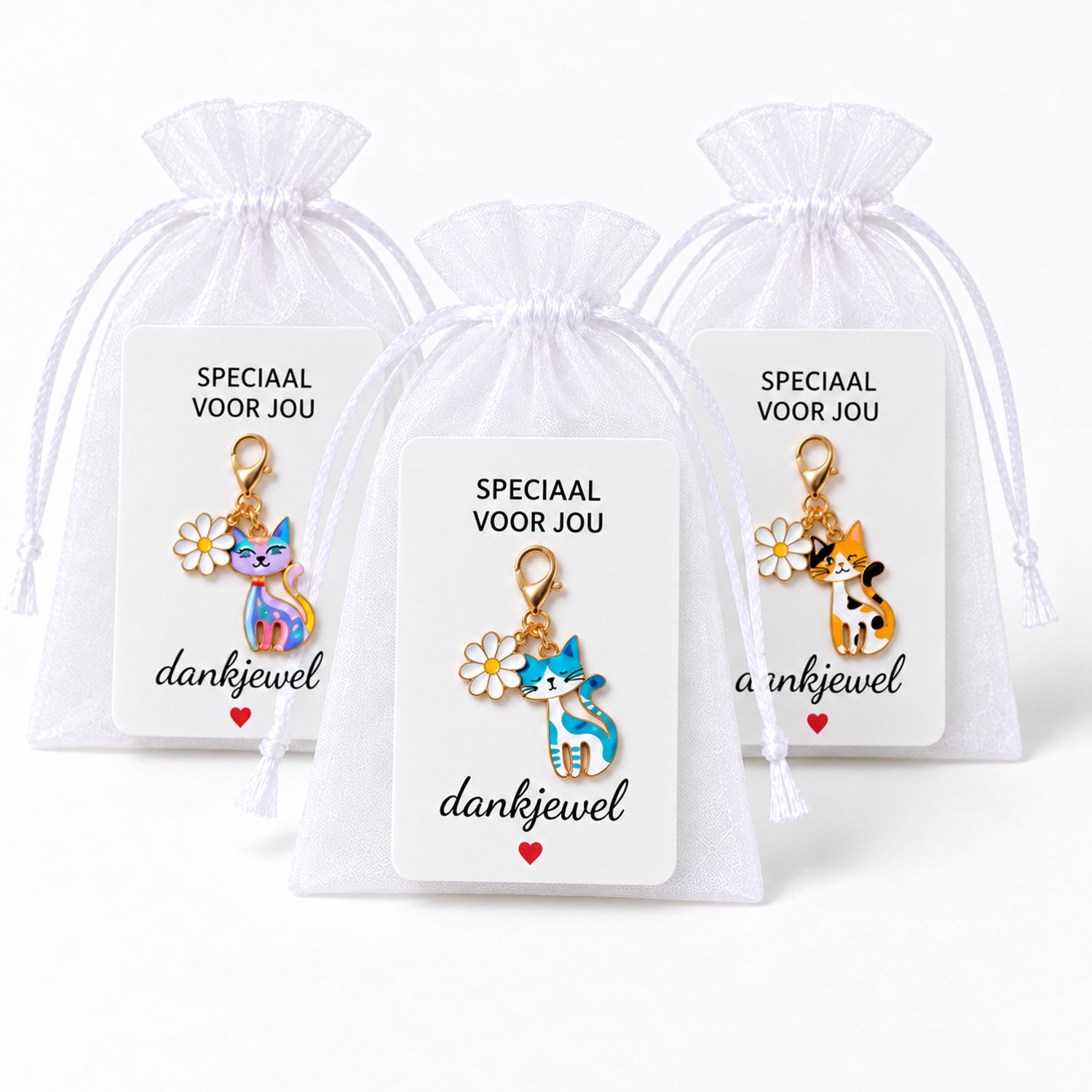 Bedankt Cadeautje 10 Stuks - Kat Sleutelhanger met Kaartje & Zakje - Uitdeelcadeautjes Kinderen & Juf - Kasey