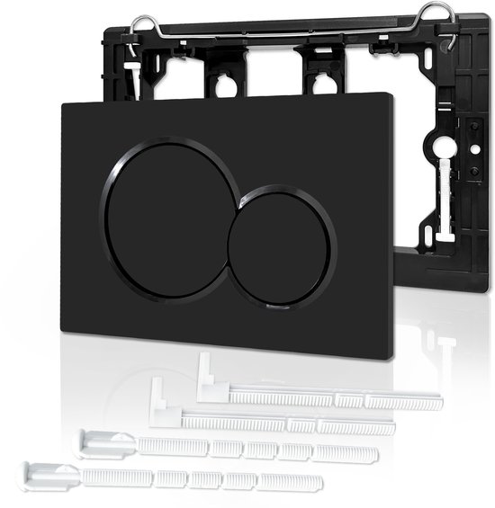 Zwarte bedieningsplaat met dubbele knop, inclusief bevestigingsframe en witte duwstangen.