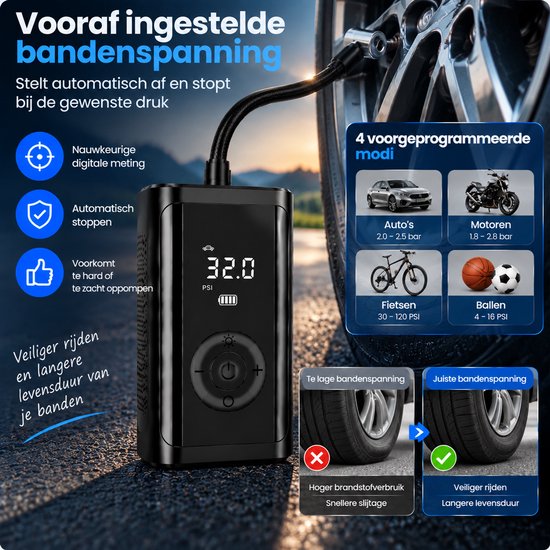 Draadloze Bandenpomp Auto - Elektrische Luchtcompressor 12V - Digitale Drukmeter - Auto-Stop - LED - Auto, Fiets & Motor - Zwart — afbeelding 4
