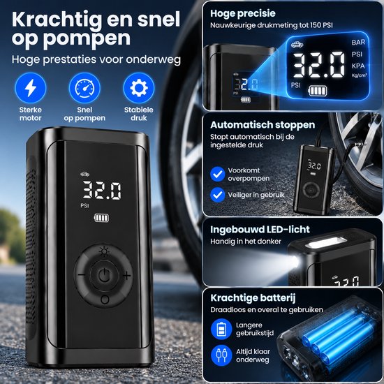 Draadloze Bandenpomp Auto - Elektrische Luchtcompressor 12V - Digitale Drukmeter - Auto-Stop - LED - Auto, Fiets & Motor - Zwart — afbeelding 5