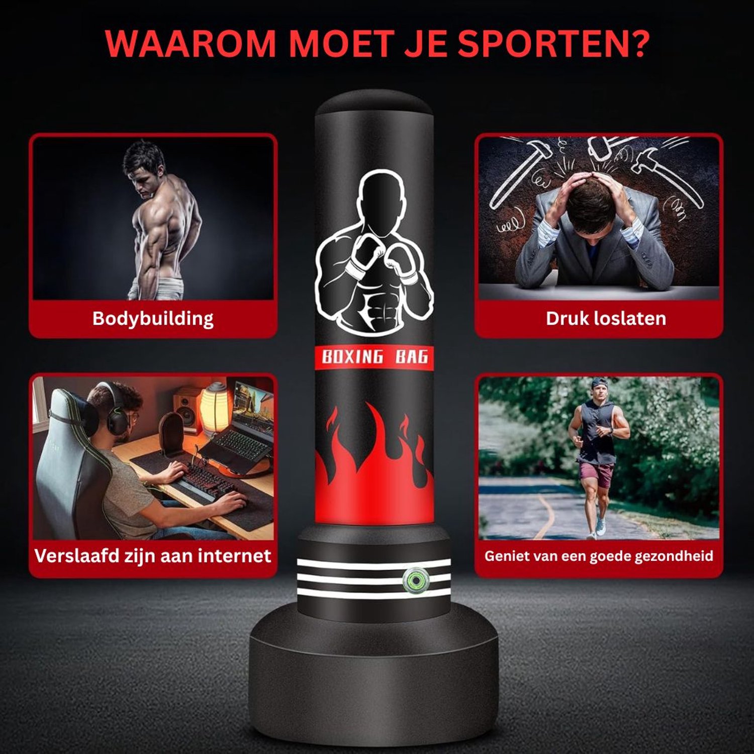 Boksbal Staand - Boxbal Volwassenen - Bokszak - Zwart