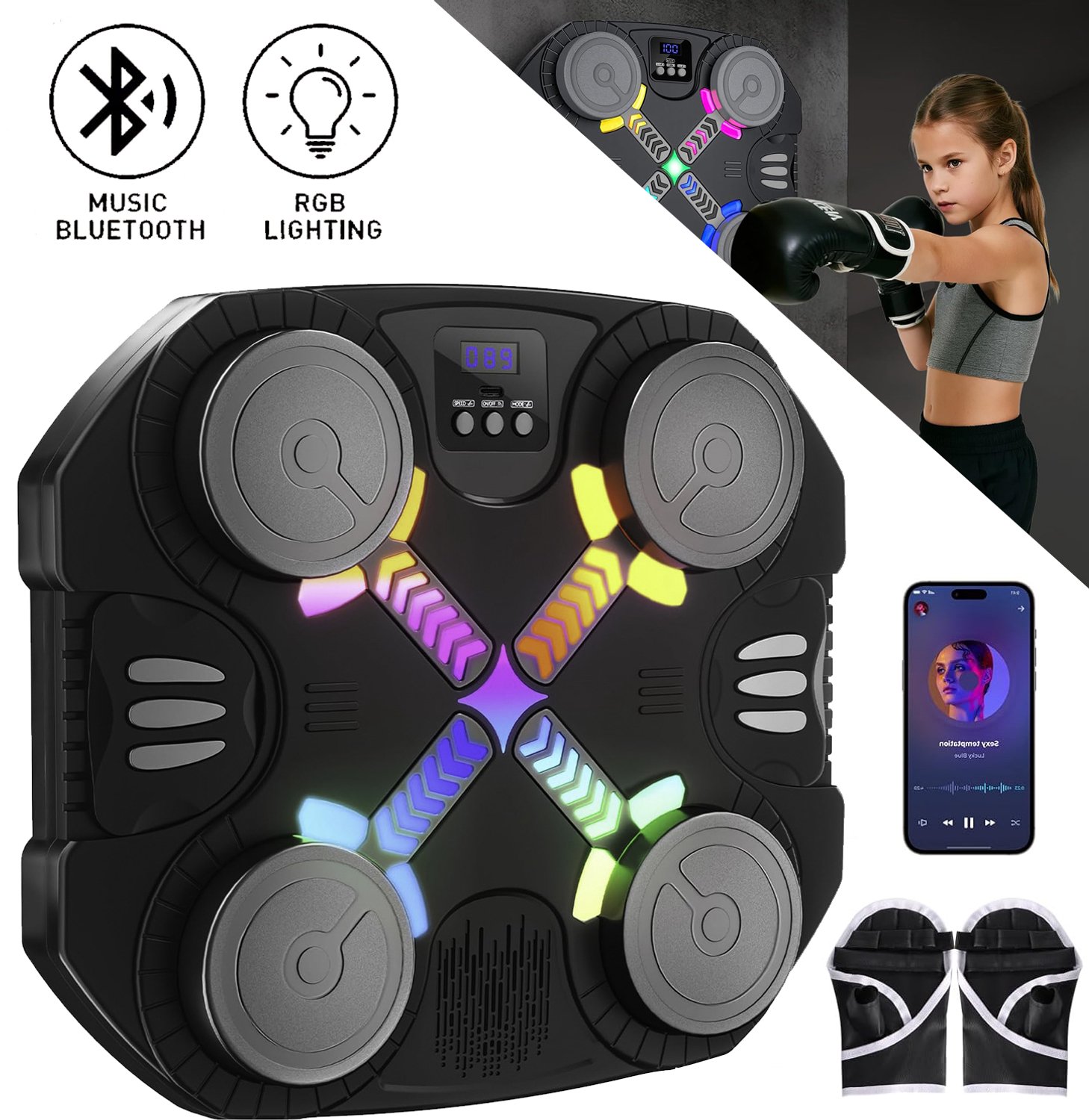 Muziek-Boksmachine - Bluetooth-Boksapparaat Voor Aan De Muur - Bokstrainer Met Ledverlichting En Bokshandschoenen