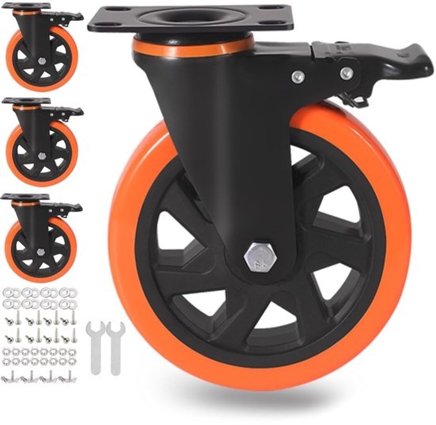 Set zwenkwielen - industriële wielen - voor zwaar transport - met dubbele vergrendeling - 6 inch - zwart