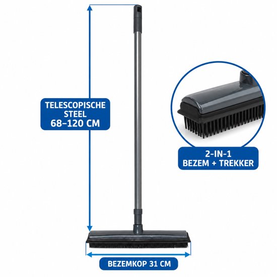 Dutch Standard Rubberen Bezem met Trekker - Telescopische Steel 68-120 cm - 2-in-1 - 31 cm - Grijs Zwart — afbeelding 5