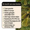 Informatiebord over kunstkerstbomen met 3 jaar garantie, Europese makelij, realistische PE+PVC mix en LED-kaarsjes.