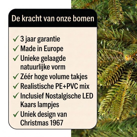 Informatiebord over kunstkerstbomen met 3 jaar garantie, Europese makelij, realistische PE+PVC mix en LED-kaarsjes.