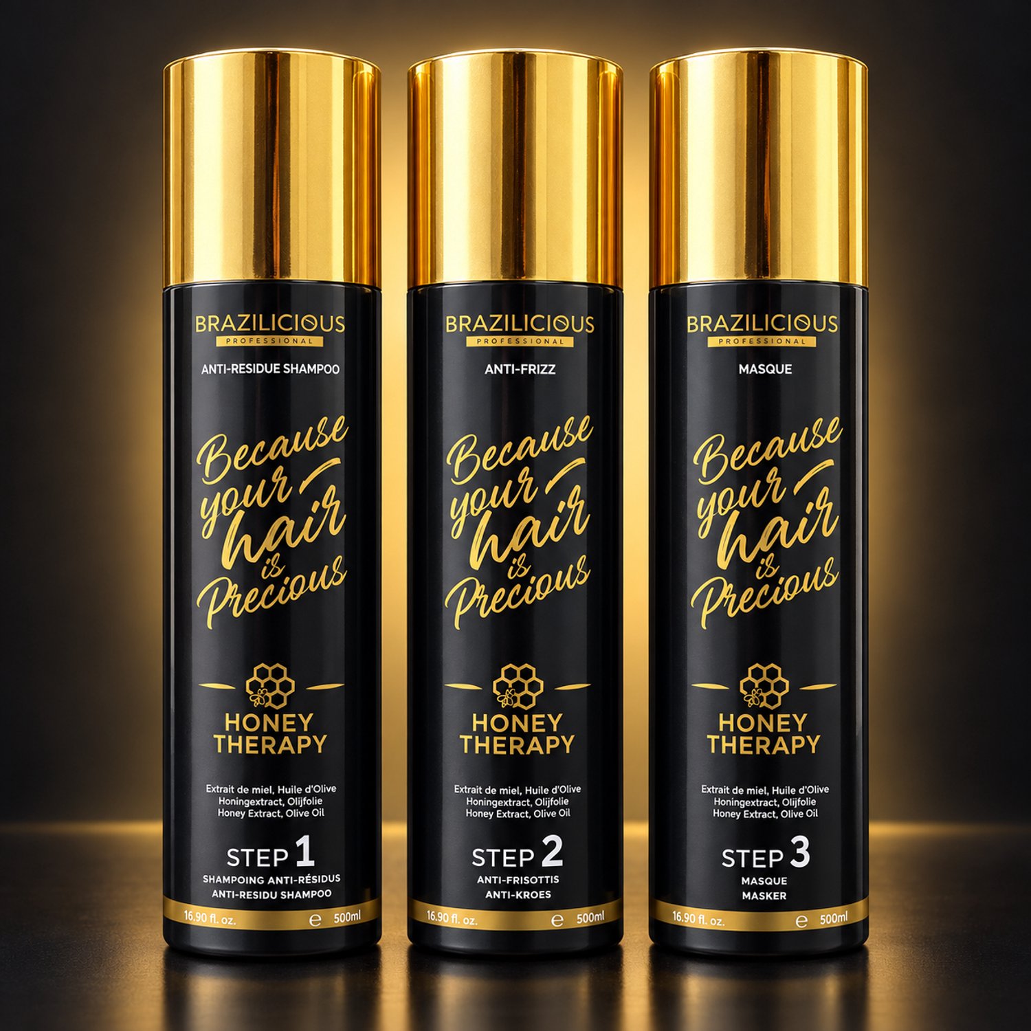 Brazilicious Honey Therapy Set - Anti-Residue Shampoo, Anti-Frizz & Masker - 3x500