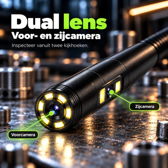 Dual lens endoscoop met voor- en zijcamera, beide voorzien van LED-verlichting.