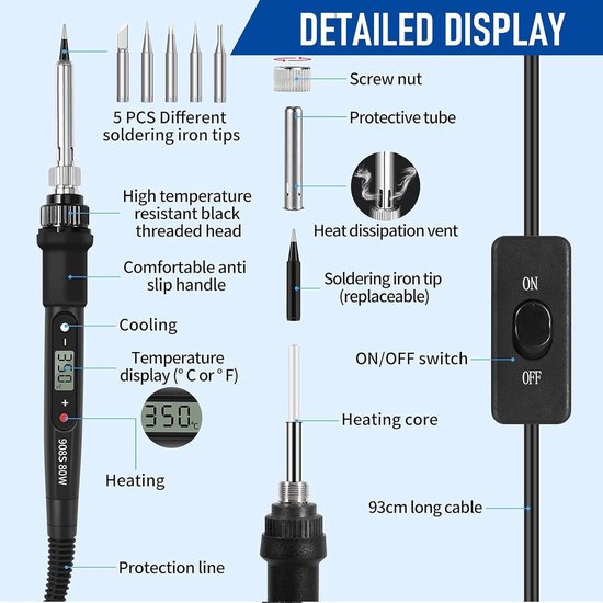 Professionele Loodgietijzer Set met 80W Vermogen, Instelbare Temperatuur 180℃-500℃, LCD Scherm en 5 Loodgietmonden voor Precisiewerk — afbeelding 2