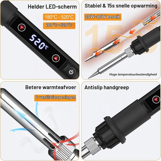 Professionele Solderset met LCD Display, Instelbare Temperatuur 180-560 °C, 5 Soldertips, Ontluchtingspomp en Looddraad voor Efficiënt Solderen — afbeelding 3