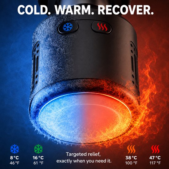 Massagekop met koud- en warmtestanden, temperatuurweergave en tekst: KOUD. WARM. HERSTEL.