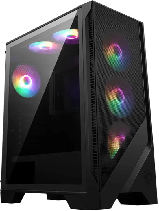 Zwarte MSI-computerkast met glazen zijpaneel en drie RGB-ventilatoren aan de voorzijde.