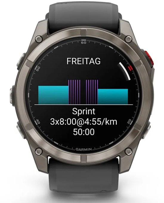 Horlogescherm met trainingsschema voor vrijdag, inclusief sprints en tempo-indicaties.