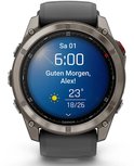 Horlogescherm met begroeting 'Guten Morgen, Alex!', weerspictogram en temperatuurgegevens.