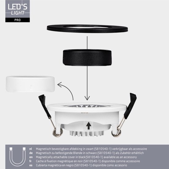 LED'S LIGHT PRO inbouwspot toont installatie van zwarte magnetische afdekking (accessoire 5810540-1).