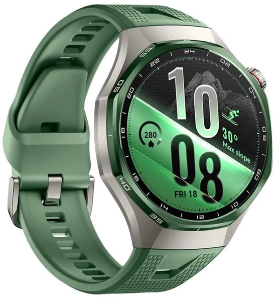Groene smartwatch in zijaanzicht met sportief textuurontwerp op de siliconen band en zilveren behuizing.