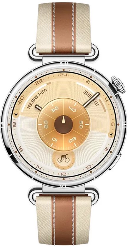 Vooraanzicht van een zilveren smartwatch met beige en bruine leren band, wijzerplaat met fietsicoon en 18.86 KM tekst.