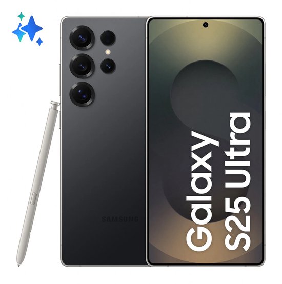 Samsung Galaxy S25 Ultra in donkergrijs met bijbehorende S Pen en de tekst Galaxy S25 Ultra op het scherm.