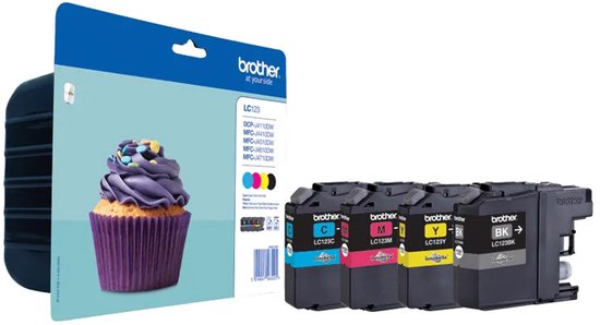 Brother LC123 inktcartridges in cyaan, magenta, geel en zwart, naast de originele verpakking.