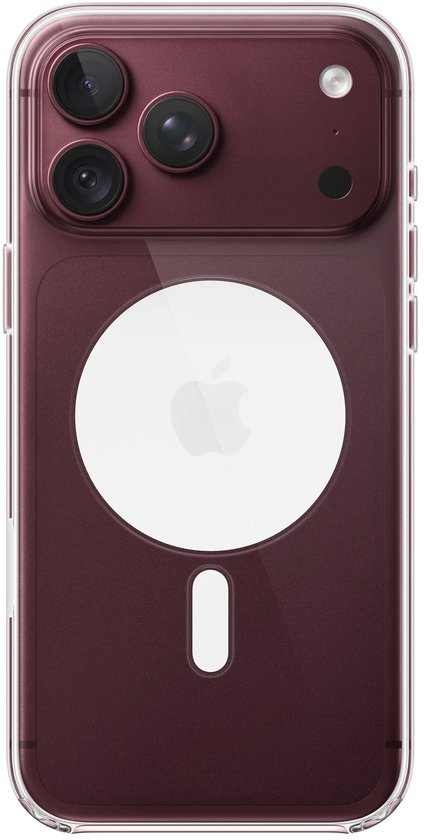 Transparante hoes voor bordeauxrode iPhone met witte MagSafe-cirkel.