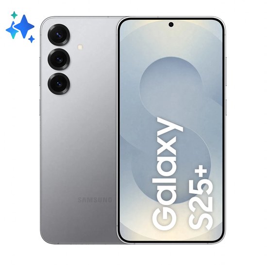 Zilverkleurige Samsung Galaxy S25+ smartphone met drie verticale cameralenzen op de achterzijde en een helder scherm.