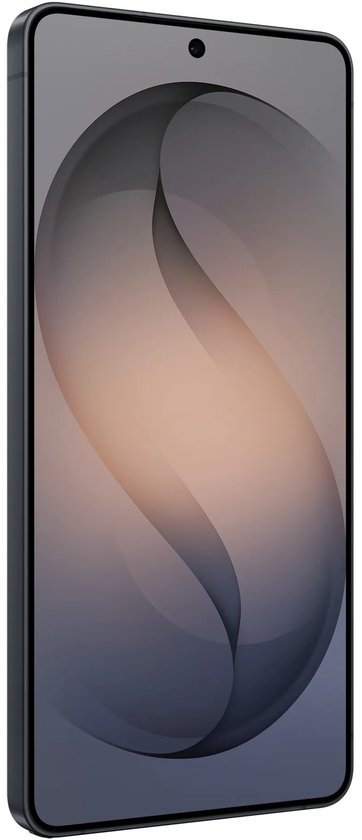 Grijze smartphone in profiel, met het S-vormige schermbehang zichtbaar.