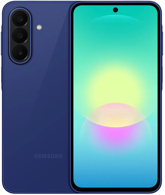 Blauwe smartphone getoond in zowel voor- als achteraanzicht.