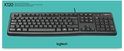 Logitech K120 bedraad toetsenbord op blauwe productverpakking.