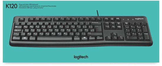 Logitech K120 bedraad toetsenbord op blauwe productverpakking.