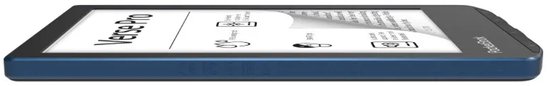 Zijaanzicht van de blauwe PocketBook Verse Pro e-reader met een dunne behuizing en E-Ink scherm.