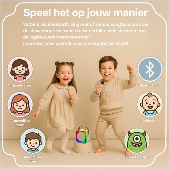 Karaoke Set voor Kinderen met Bluetooth Speaker van MMOBIEL – Met 2 Draadloze Microfoons, LED-verlichting, Geluidseffecten – Feest, Cadeau voor Meisje, Jongen, Kinderen 3+ jaar – Beige — afbeelding 2