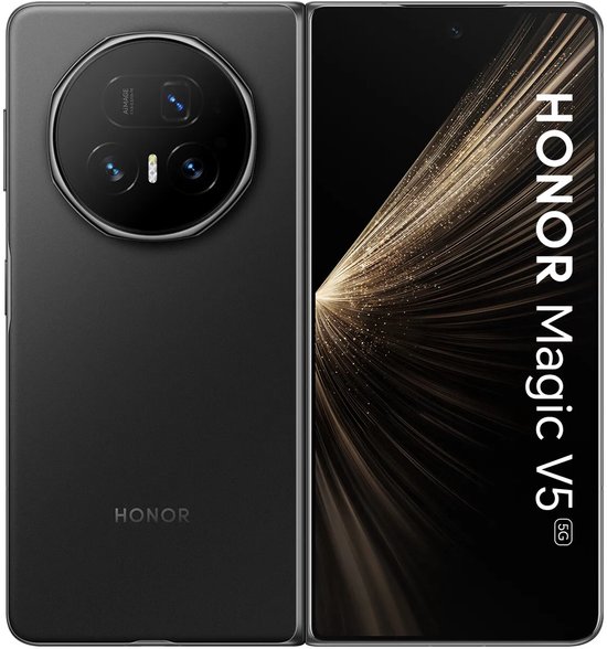 Honor Magic V5 5G in open stand, zwarte achterkant met cirkelvormige camera en voorzijde met gouden lichtpatroon.